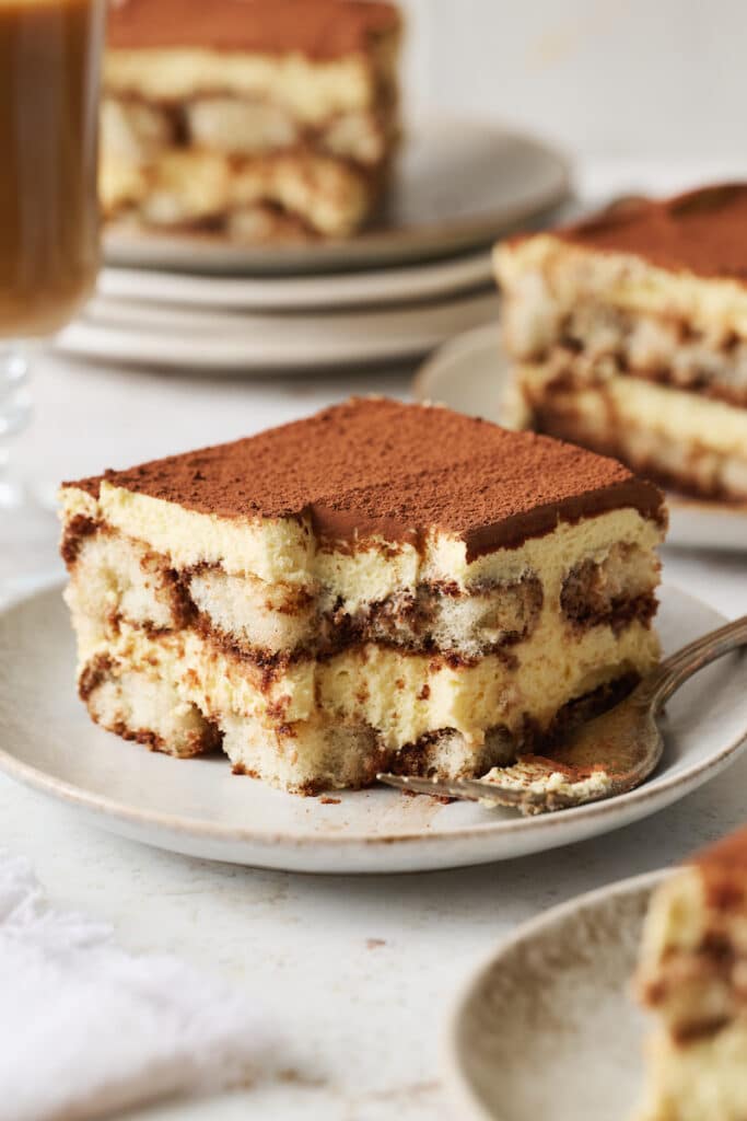 Slices of tiramisu on a table. 