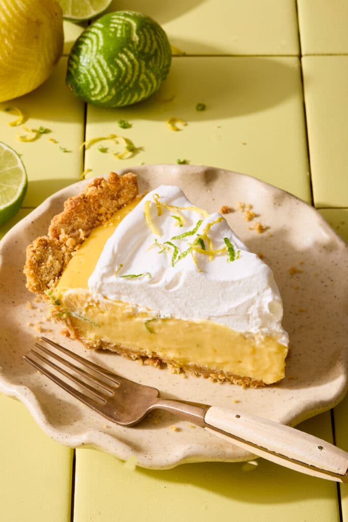 Slice of Atlantic Beach Pie on a plate with fork.